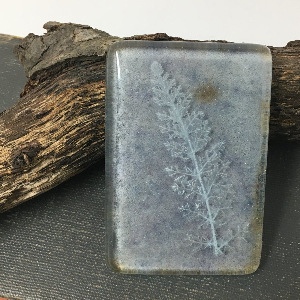 Vintage Glass Rectangular Ice Blue Botanical Leaf Frond Specimen Paperweight